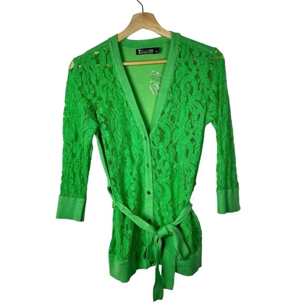 New York & Company Green Lace Front Button Down Cardigan Sweater S